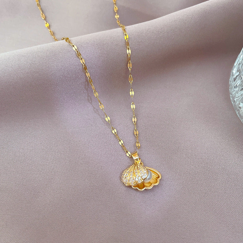 Shell Pearl Necklace With Rhinestones Female Zircon Temperament Personality Jewelry