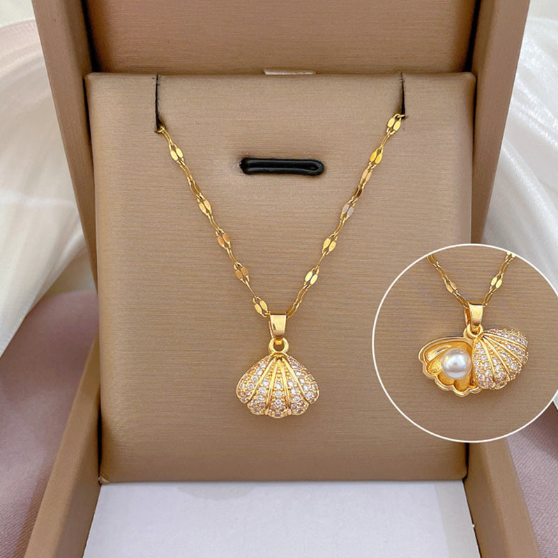 Shell Pearl Necklace With Rhinestones Female Zircon Temperament Personality Jewelry