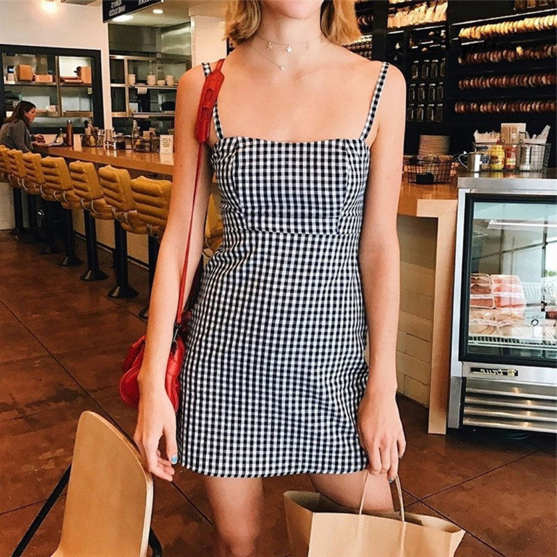 Retro Black And White Plaid Dress One-Word Neck Suspender Short Skirt