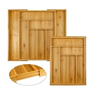 VickyHome Extendable Bamboo Cutlery Tray Kitchen Drawer Organiser 6-8 Storage Compartments