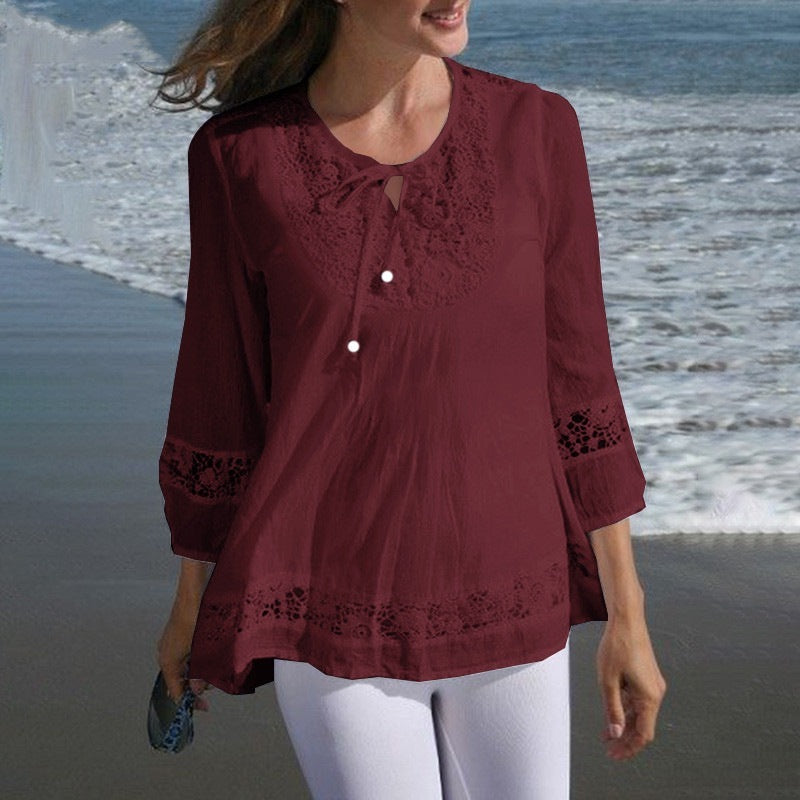 Cotton And Linen Stitching Lace 34 Sleeve Loose Women's Top T-shirt