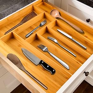 VickyHome Extendable Bamboo Cutlery Tray Kitchen Drawer Organiser 6-8 Storage Compartments