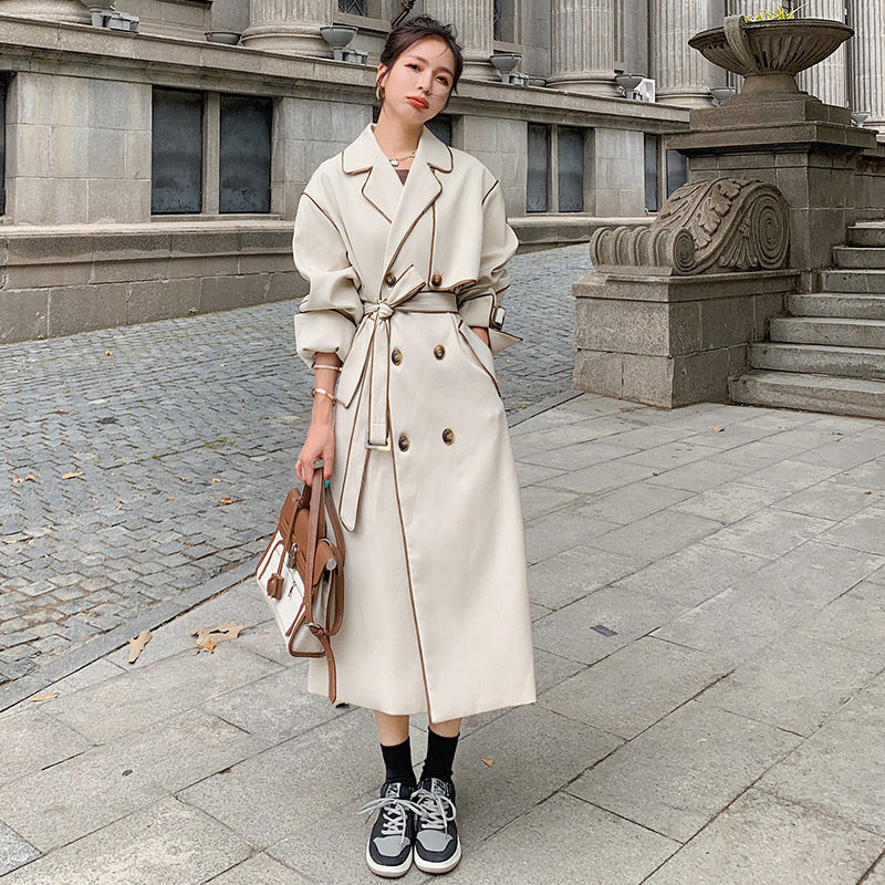 Apricot Double-breasted Thin Windbreaker Women's Mid-length Long-sleeved Coat