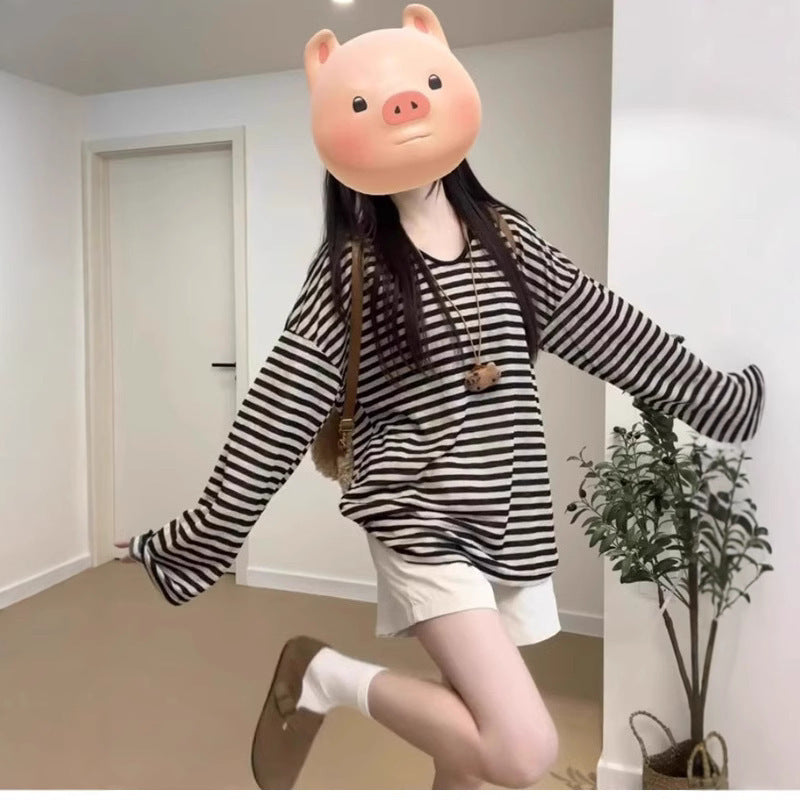 Sun Protection Loose Long Sleeve Women's Striped Mid-length Top
