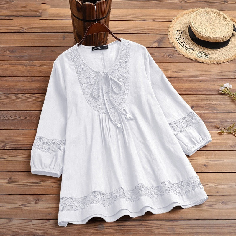 Cotton And Linen Stitching Lace 34 Sleeve Loose Women's Top T-shirt