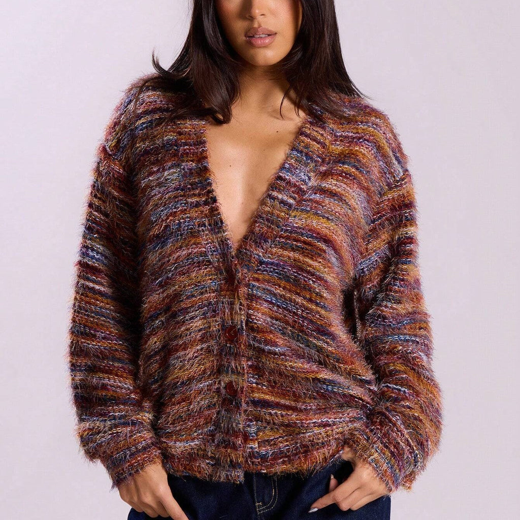Winter Stripe Knitted Sweater Ins Button Cardigan Long Sleeved V-neck Cropped Tops For Women