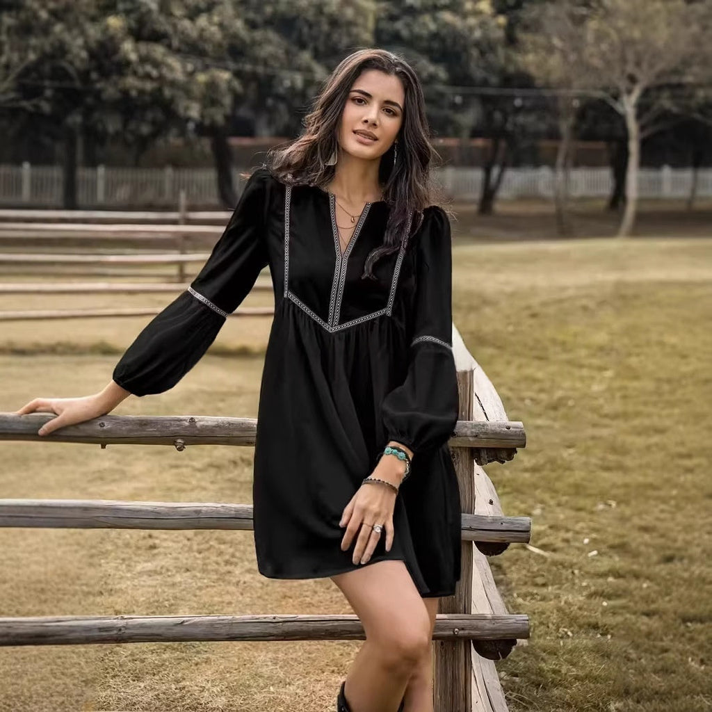 Women's Intellectual Casual Long-Sleeve V-Neck Dress
