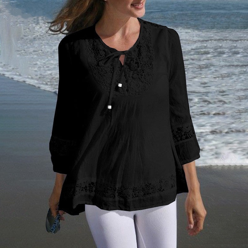 Cotton And Linen Stitching Lace 34 Sleeve Loose Women's Top T-shirt