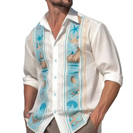 Fashion Print Long Sleeve Shirt Men Casual Loose Button Lapel Tops Seaside Cool Beach Shirt