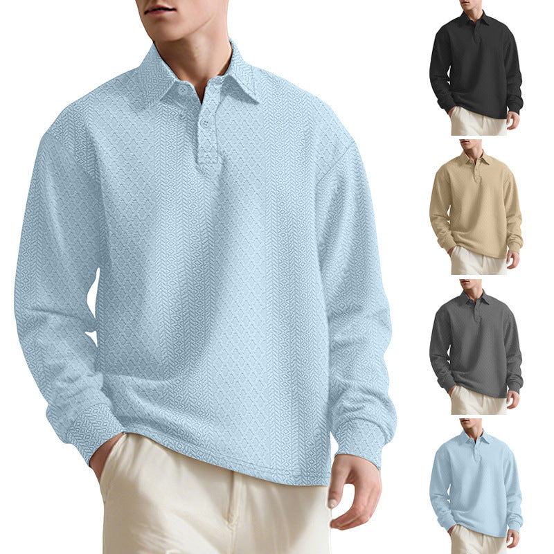 Texture Jacquard Solid Color Men's Long-sleeved Polo Shirt Lapel Loose Sweater