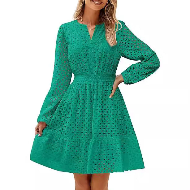 V-neck Hollow Eyelet Embroidered Cotton Long Sleeve Dress