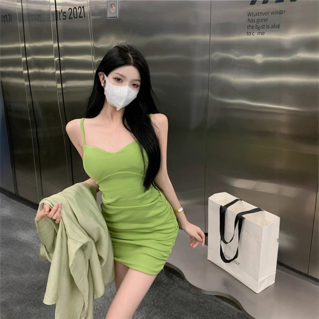 French Hipster Style Green Suspenders Dress