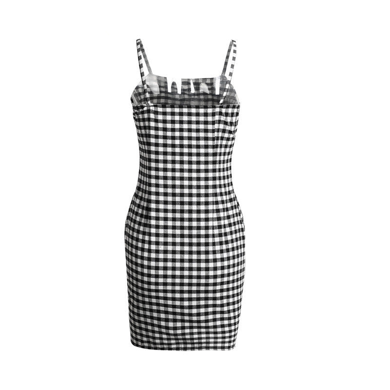 Retro Black And White Plaid Dress One-Word Neck Suspender Short Skirt