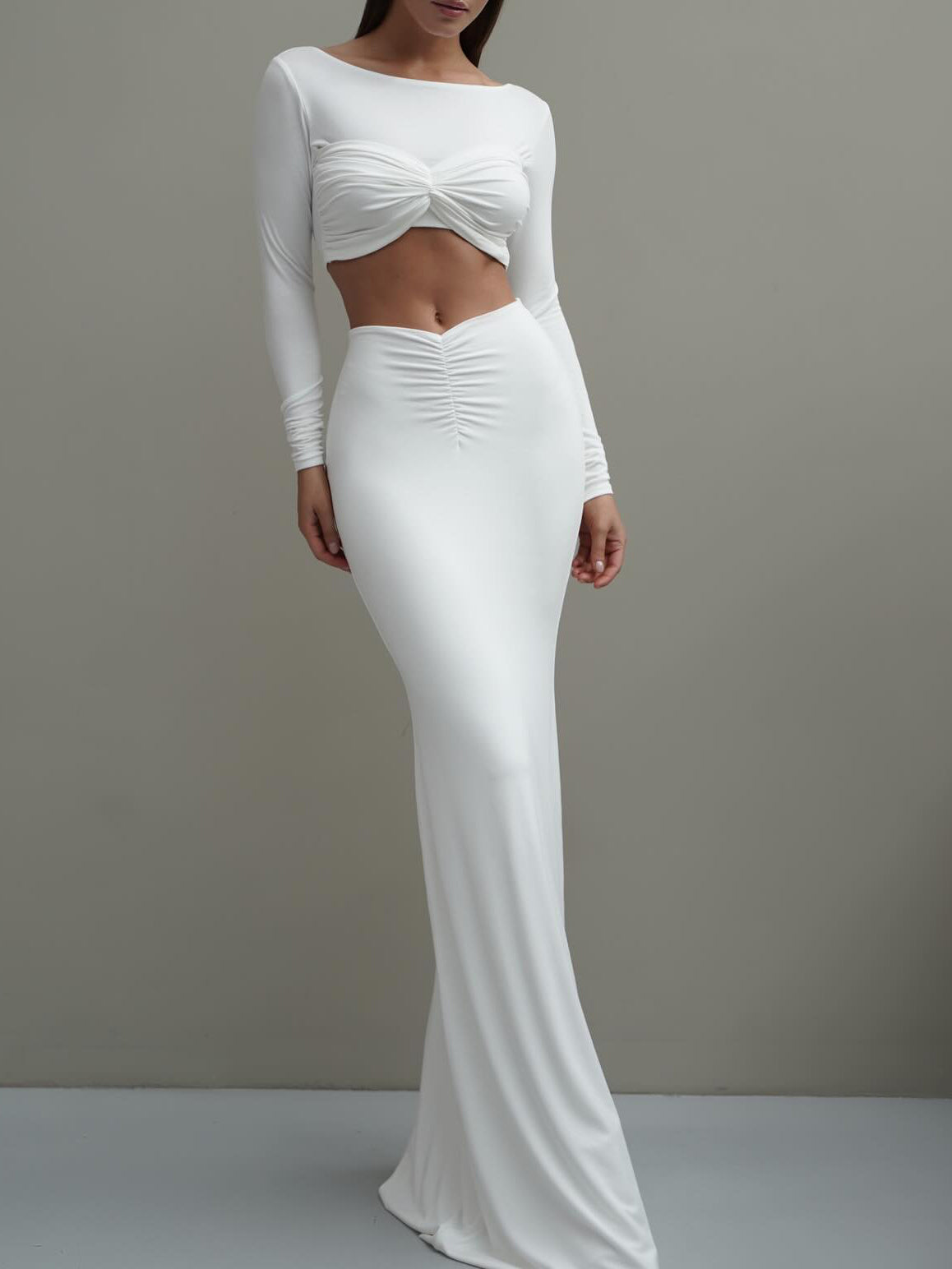 Long-sleeved Crop Top & Shirred Maxi Skirt Two-piece Set