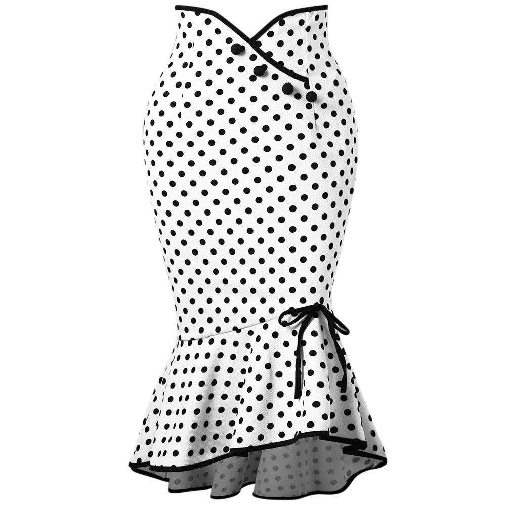 Button Lace-up Polka Dots Half Body Slim-fit Fishtail Skirt