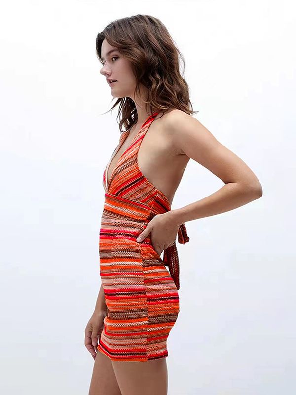 Colorful Striped Lace-Up Backless V-Neck Dress