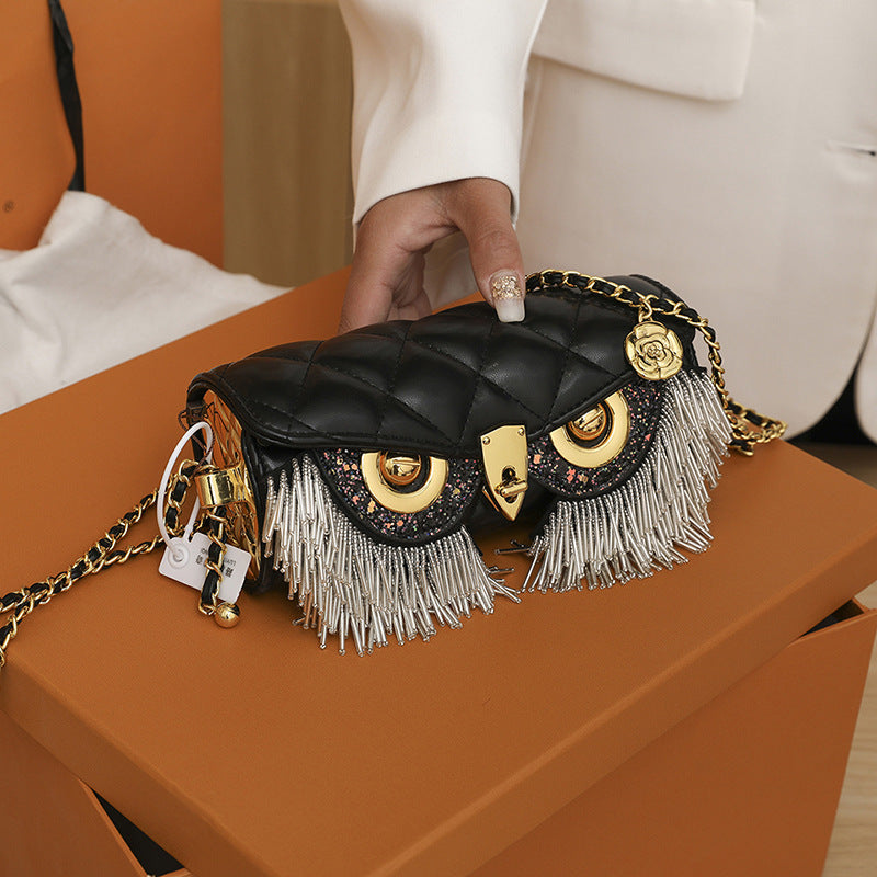 Women's Fashion Rhombus Tassel Owl-shaped Shoulder Chain Bag