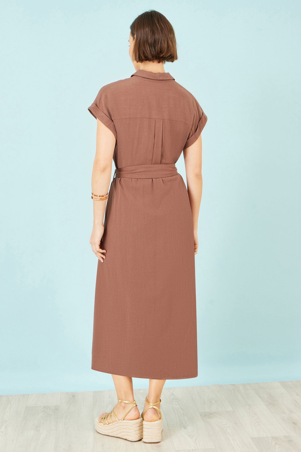 Yumi Brown Viscose Linen Look Midi Shirt Dress With Wooden Belt