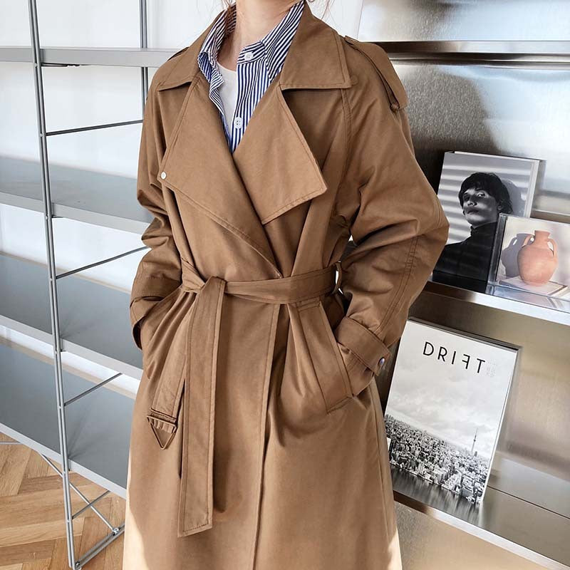 Temperament British Mid Length Over The Knee Windbreaker Women Loose Korean Style Jacket