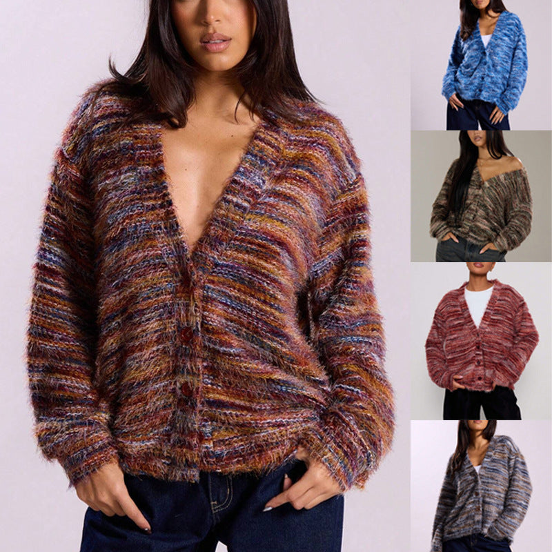 Winter Stripe Knitted Sweater Ins Button Cardigan Long Sleeved V-neck Cropped Tops For Women