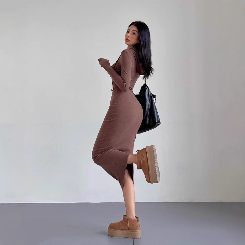 Women's Temperament Sheath Over The Knee Dress Hooded Long Sleeve Underwear Long Dress