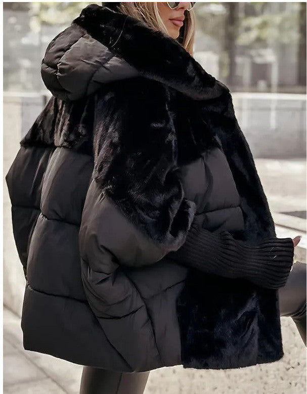 Women's Loose Cotton Coat Faux Fur Patchwork Winter Coat Comfort Chic Long Sleeve Hooded Jacket