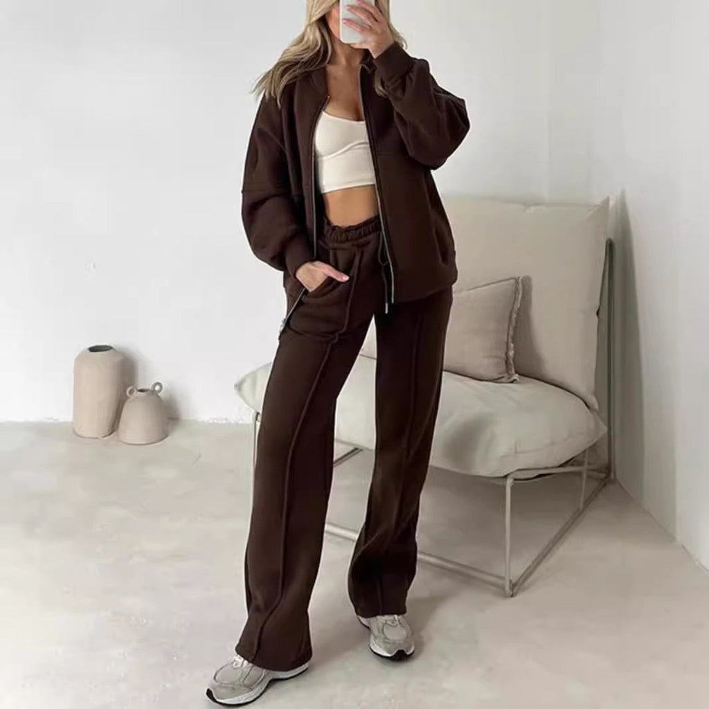 Fashion Casual Solid Color Long-sleeved Sweater Zipper Trousers Two-piece Set